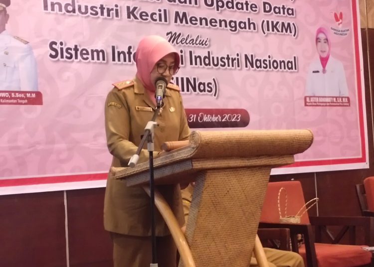 Kepala Dinas Perdagangan dan Perindustrian Prov. Kalteng Aster Bonawaty M saat menyampaikan sambutan pada FGD Sinkronisasi dan Update Data Industri Kecil dan Menengah (IKM) melalui Sistem Informasi Industri Nasional (SIINas). (Photo/ivan)