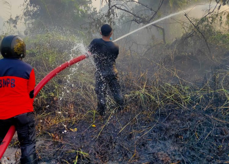 Tim gabungan penanggulangan Karhutla Banjarmasin saat melakukan pemadaman kebakaran hutan dan lahan. (Photo/ist)